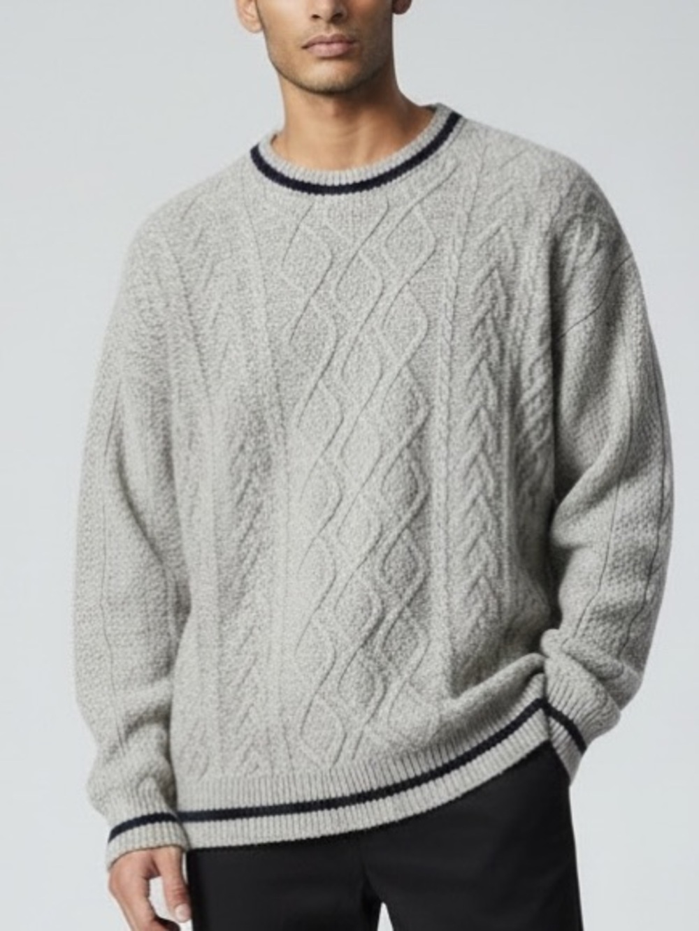 VINTAGE CABLEKNIT SWEATER Men's Vintage Crewneck in Grey with Navy Trim Size XL
